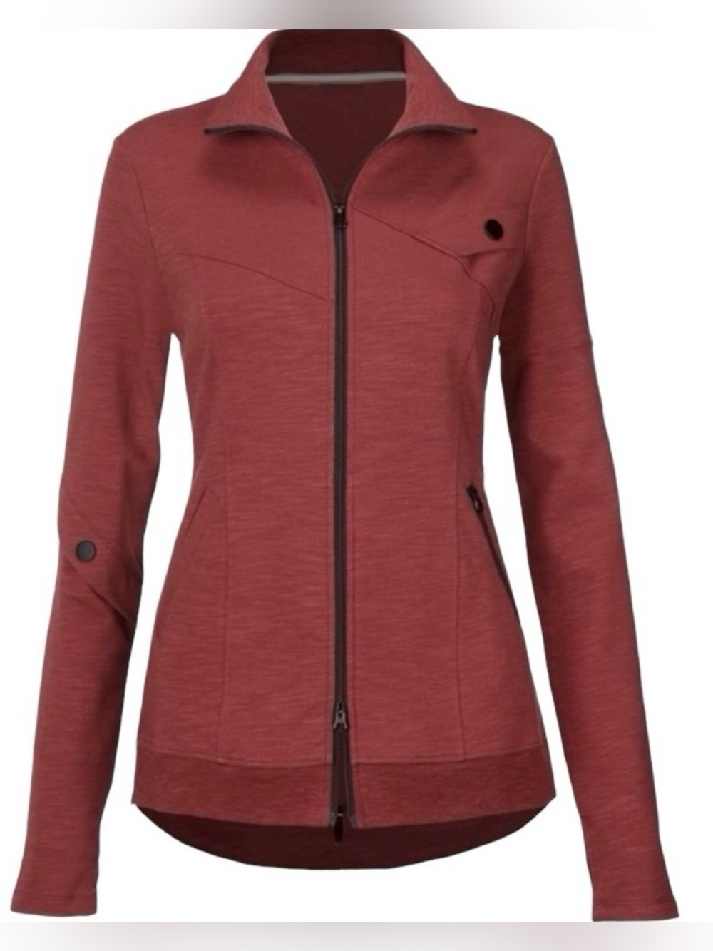 CABI French Knit Training Track Jacket Wine Red Two Way Zipper Thumbholes Small